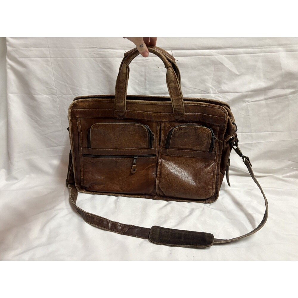 VTG Brown Leather Messenger Bag Briefcase Distressed Crossbody Satchel Laptop